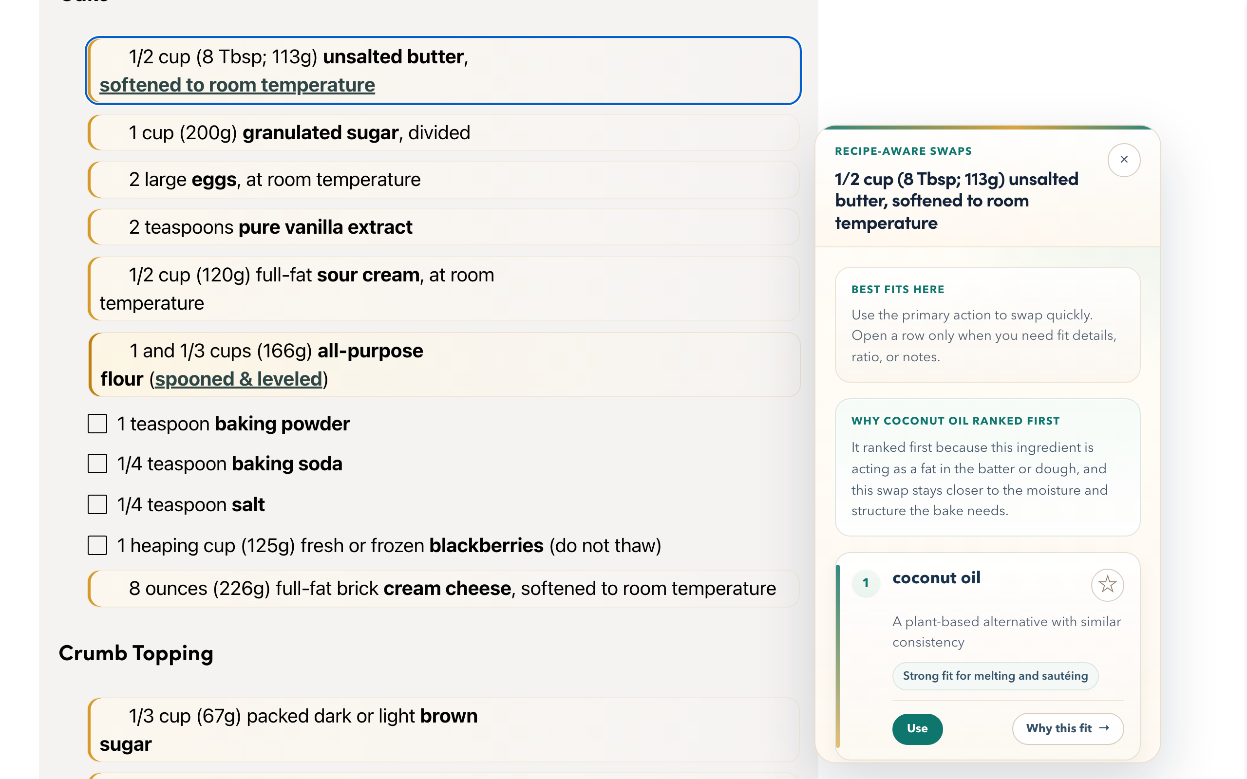 FoodFlip panel showing ranked substitutions for butter on a real recipe page